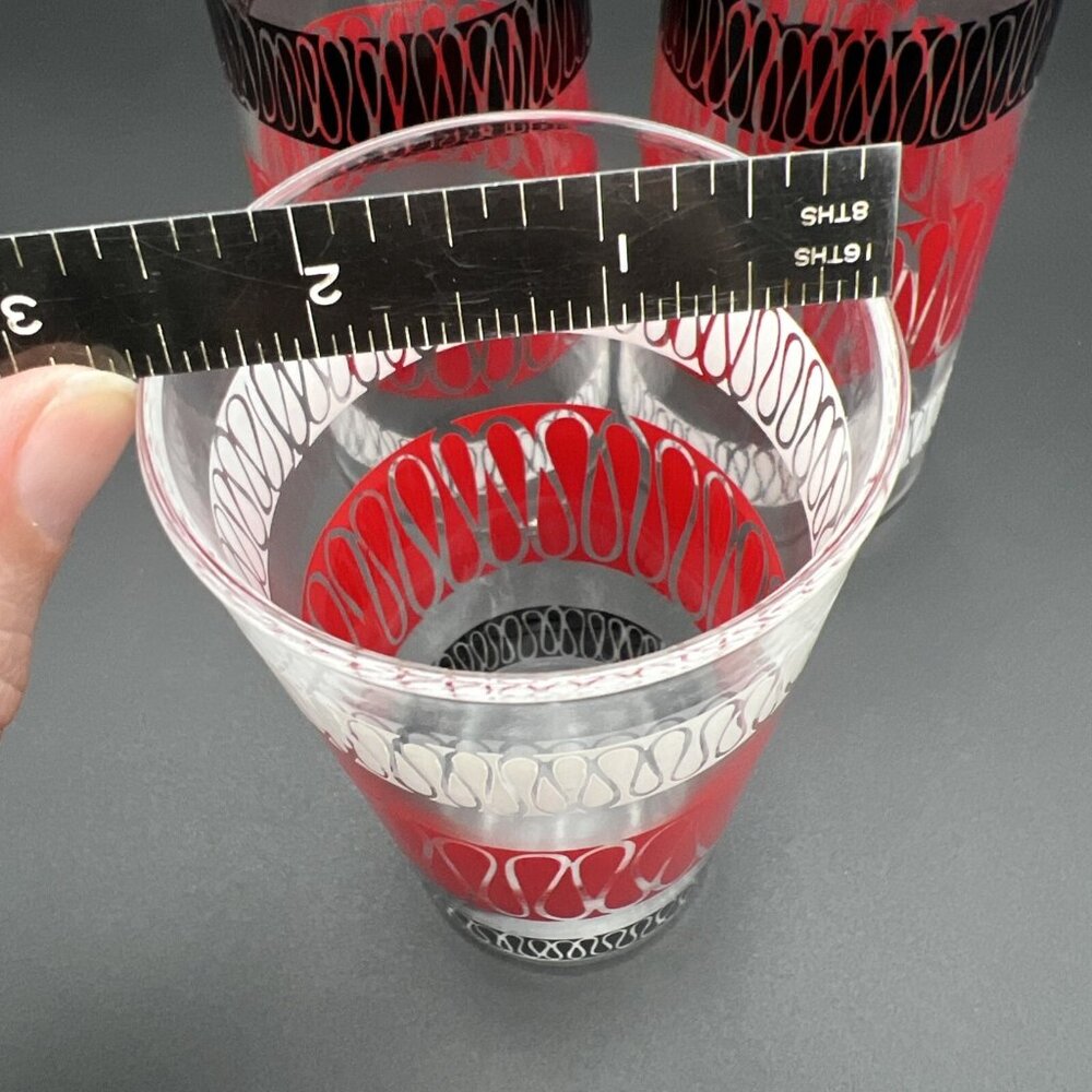 VTG MCM Anchor Hocking Set of 3 Glasses Red White Black Ribbon Squiggle 4 3/4" - Picture 8 of 8